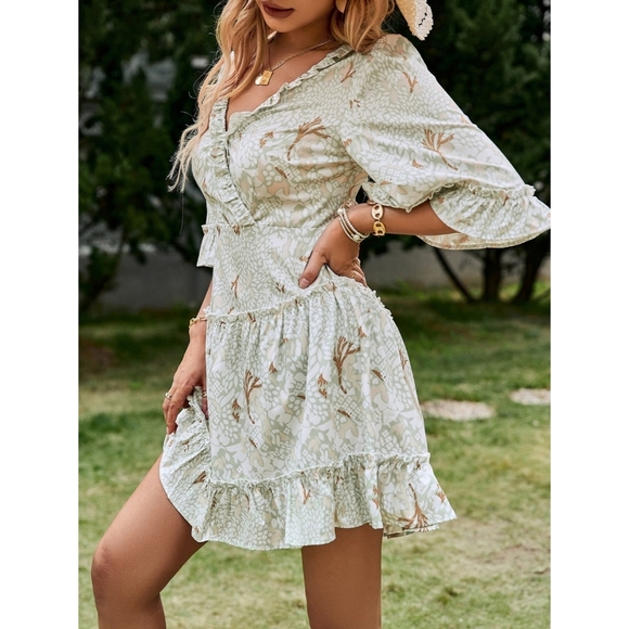 Printed Frill Trim Lace-Up Flare Sleeve Mini Dress - Picture 5 of 6